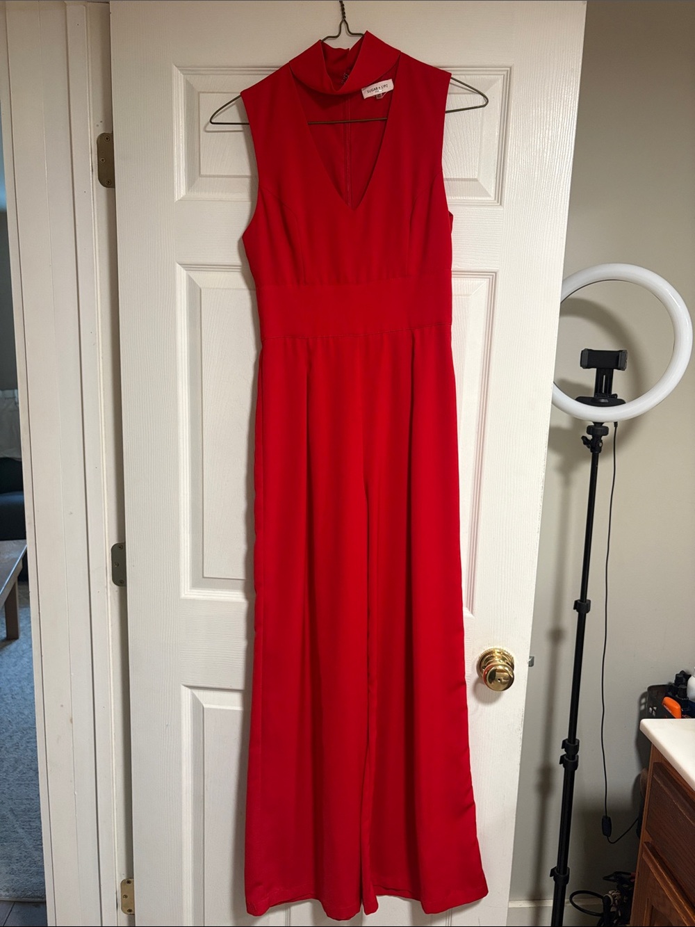 Sugar Red Sleeveless Maxi Jumpsuit with V-Neck